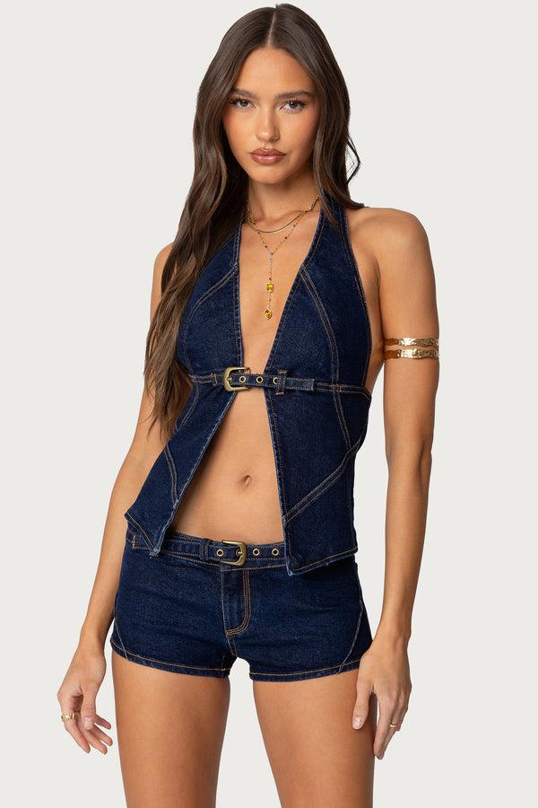 Edikted Ciel Split Front Denim Halter Top Dark Blue