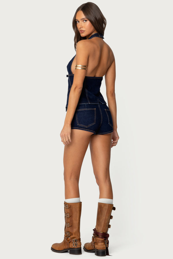 Edikted Ciel Split Front Denim Halter Top Dark Blue