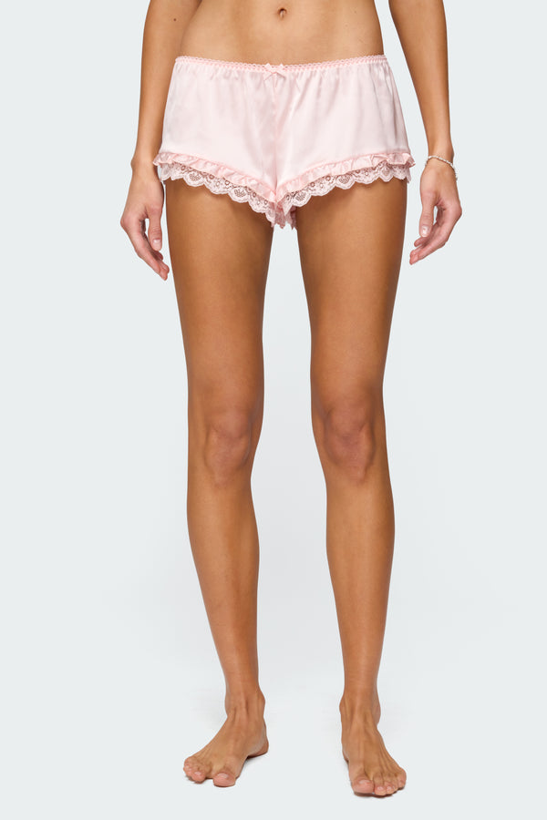 Edikted Clair Ruffle Lacey Satin Effect Shorts Light Pink
