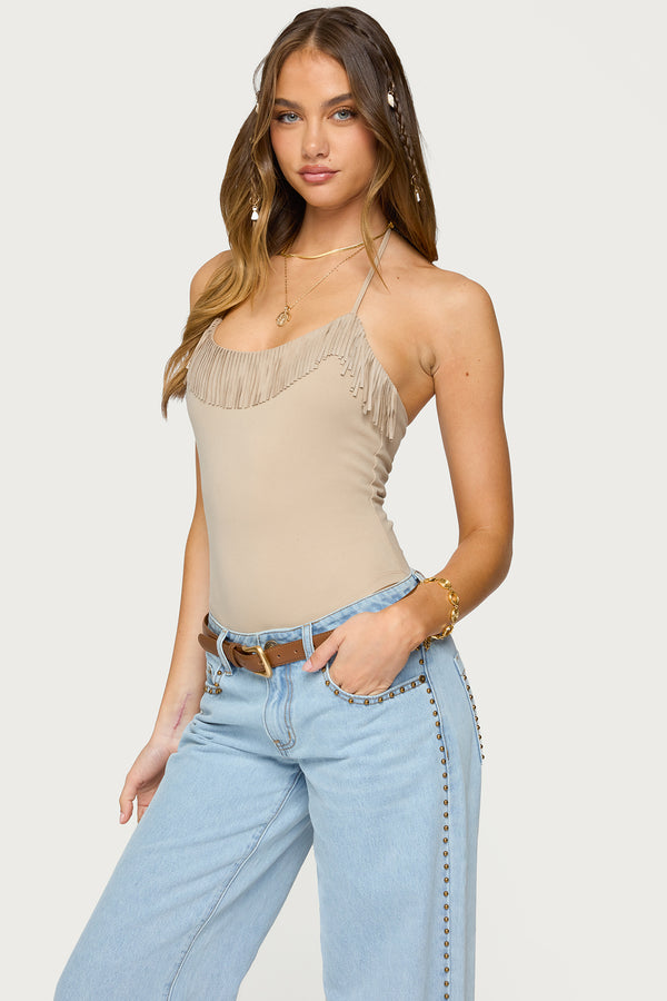 Edikted Colbie Faux Suede Fringe Trim Bodysuit Beige