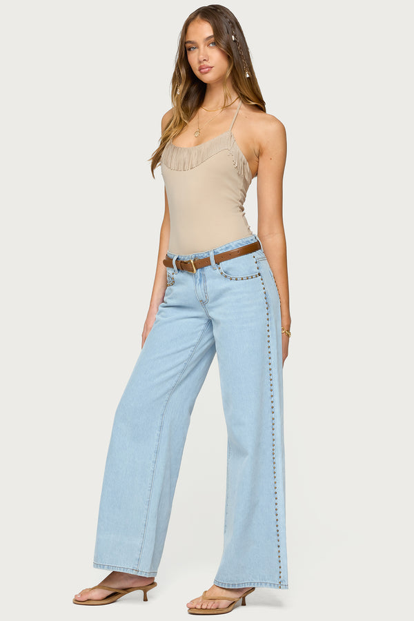 Edikted Colbie Faux Suede Fringe Trim Bodysuit Beige