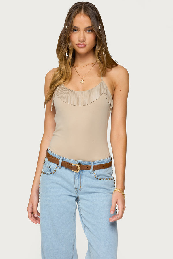 edikted Colbie Faux Suede Fringe Trim Bodysuit beige
