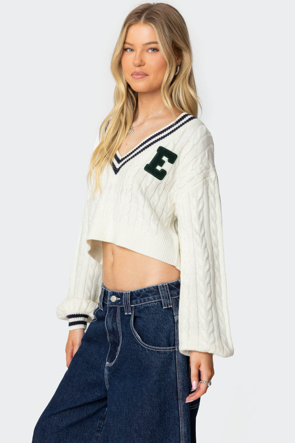 Edikted Collegiate Cropped Cable Knit Sweater Cream