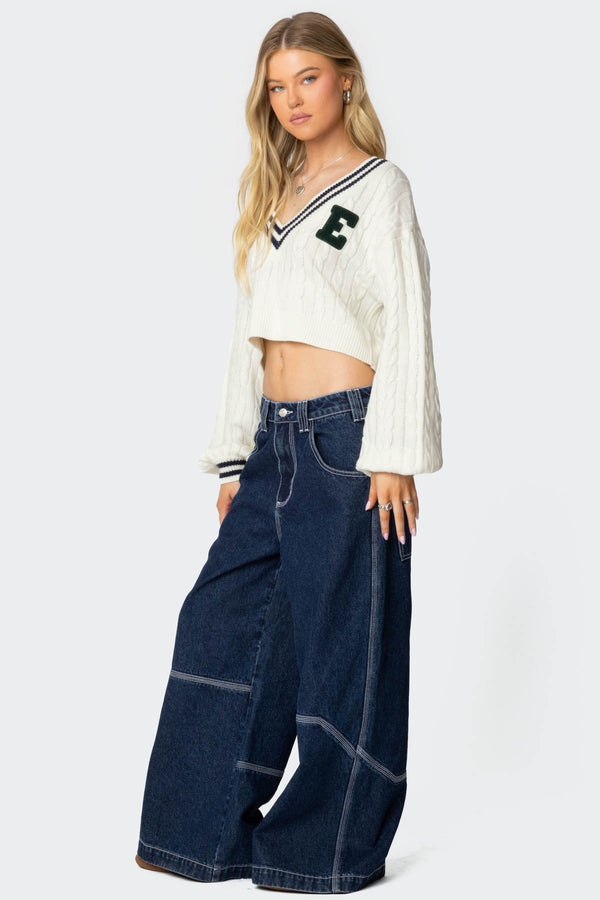 Edikted Collegiate Cropped Cable Knit Sweater Cream