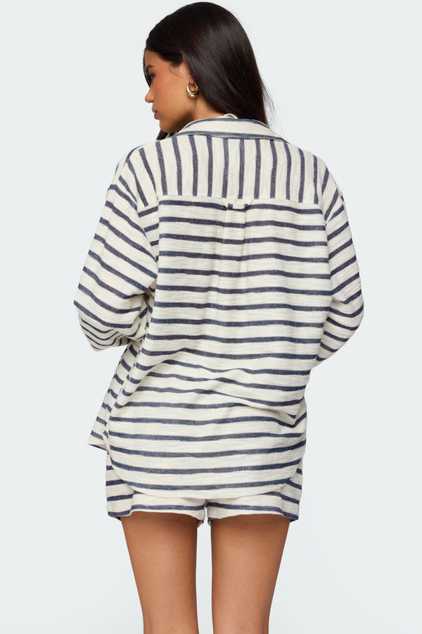 Edikted Collins Oversized Striped Button Up Shirt Navy And Cream