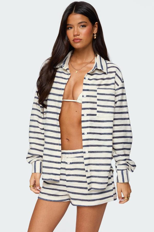 edikted Collins Oversized Striped Button Up Shirt navy and cream