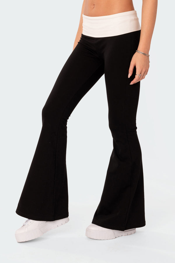 Edikted Contrast Fold Over Flared Leggings Black And White