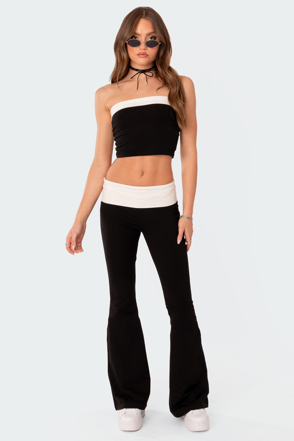 Edikted Contrast Fold Over Flared Leggings Black And White