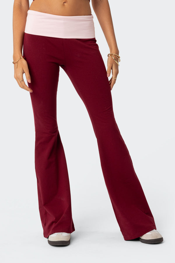 Edikted Contrast Fold Over Flared Leggings Burgundy