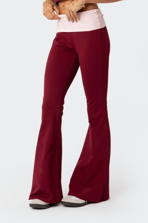 Edikted Contrast Fold Over Flared Leggings Burgundy