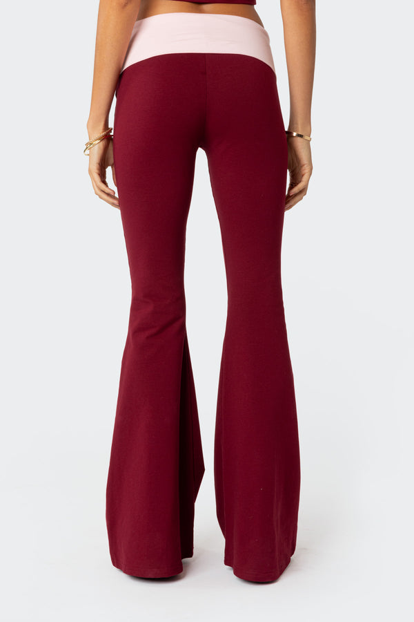 Edikted Contrast Fold Over Flared Leggings Burgundy