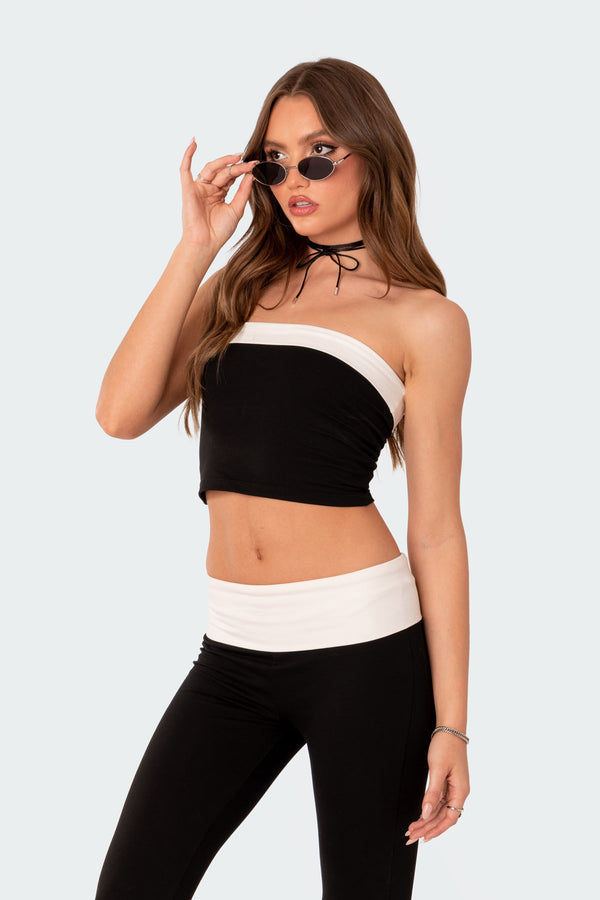 Edikted Contrast Fold Over Tube Top Black And White