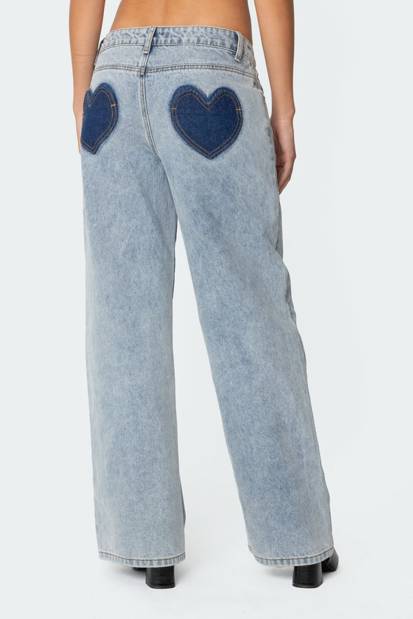 Edikted Contrast Heart Washed Low Rise Jeans Blue Washed