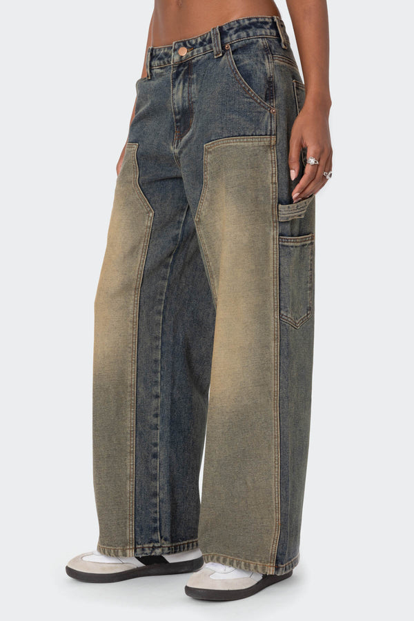 Edikted Contrast Panel Low Rise Washed Jeans Blue Washed