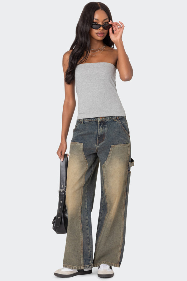 edikted Contrast Panel Low Rise Washed Jeans blue washed