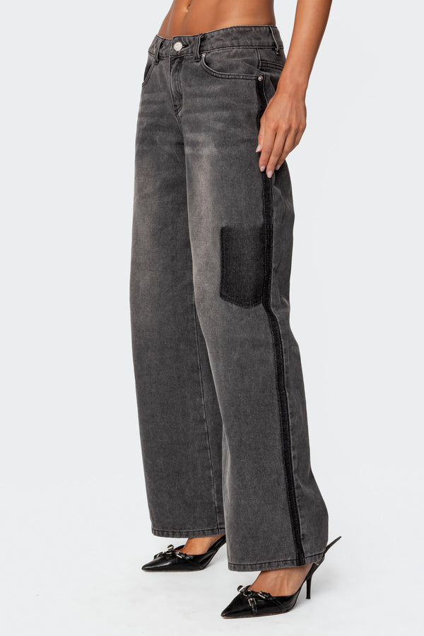 Edikted Contrast Pocket Washed Low Rise Jeans Black Washed