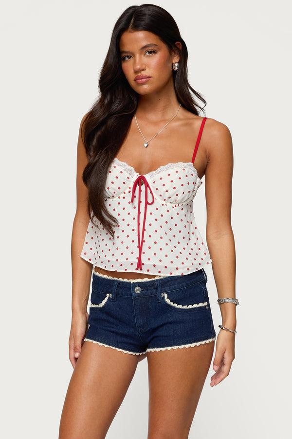 edikted Contrast Polka Dot Cupped Chiffon Top cream and red