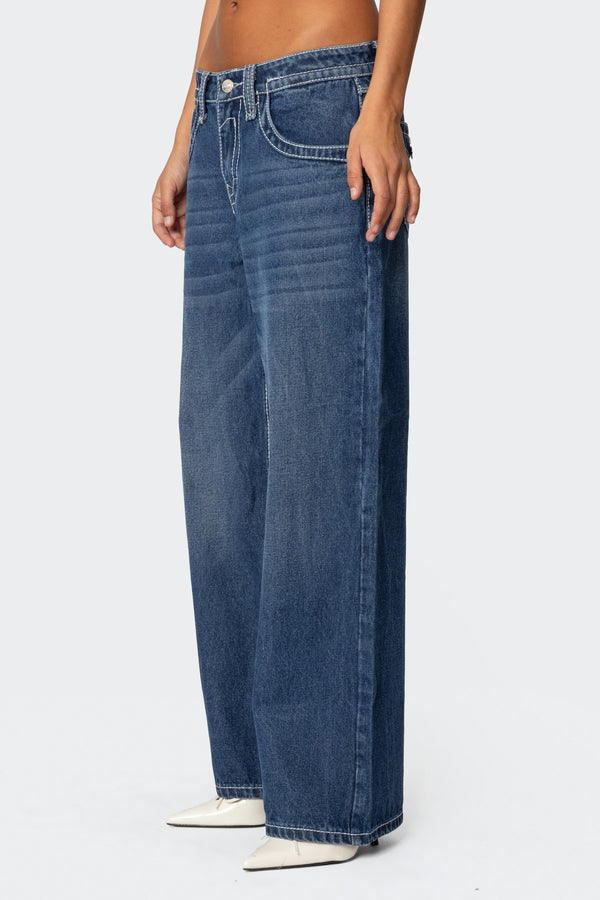 Edikted Contrast Stitch Low Rise Boyfriend Jeans Dark Blue Washed