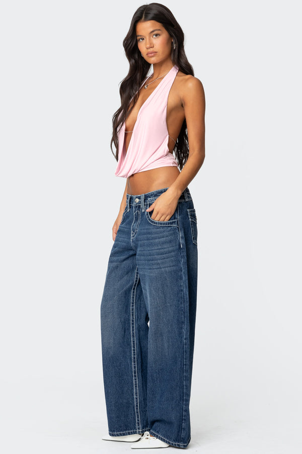 Edikted Contrast Stitch Low Rise Boyfriend Jeans Dark Blue Washed