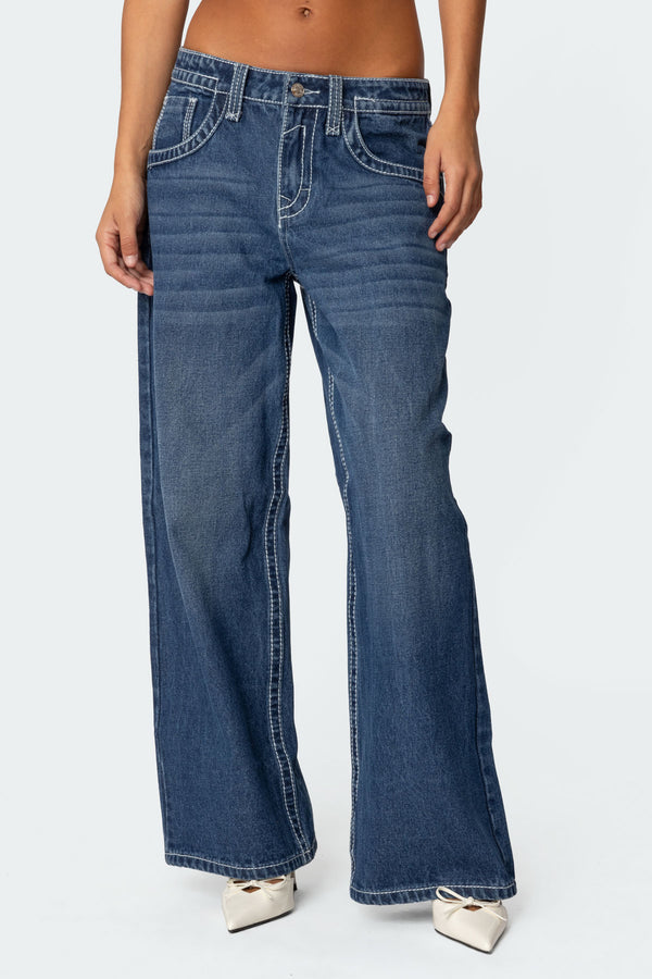 Edikted Contrast Stitch Low Rise Boyfriend Jeans Dark Blue Washed