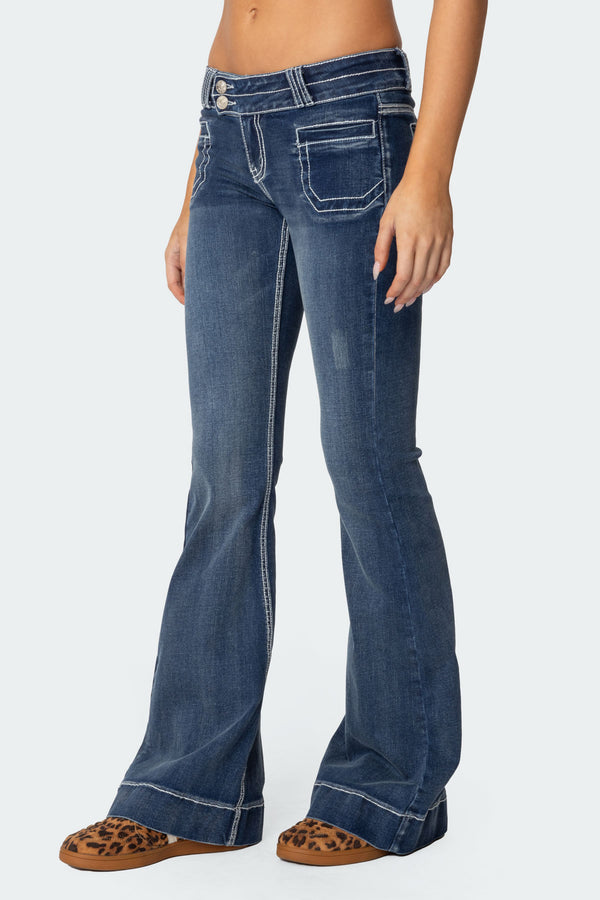Edikted Contrast Stitch Low Rise Flared Jeans Blue Washed