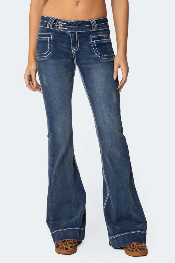 Edikted Contrast Stitch Low Rise Flared Jeans Blue Washed