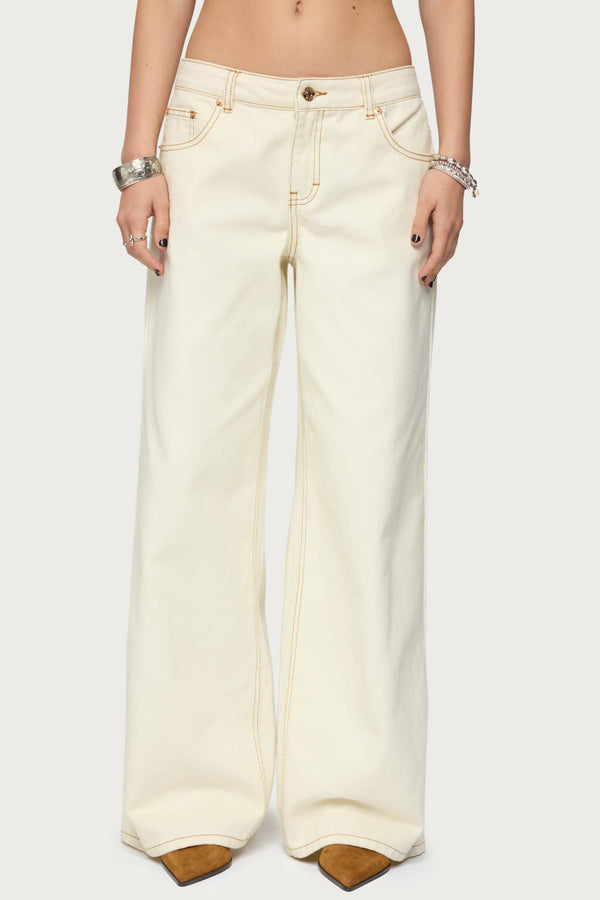 Edikted Contrast Stitch Low Rise Wide Leg Jeans Cream