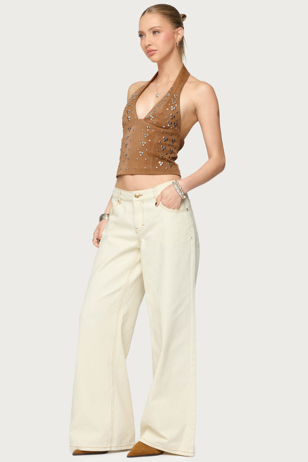 Edikted Contrast Stitch Low Rise Wide Leg Jeans Cream