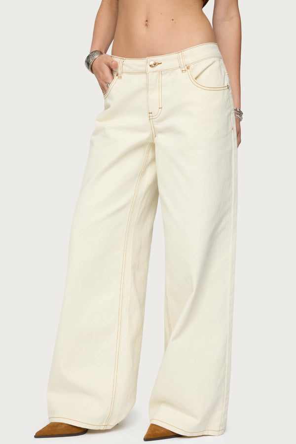 Edikted Contrast Stitch Low Rise Wide Leg Jeans Cream