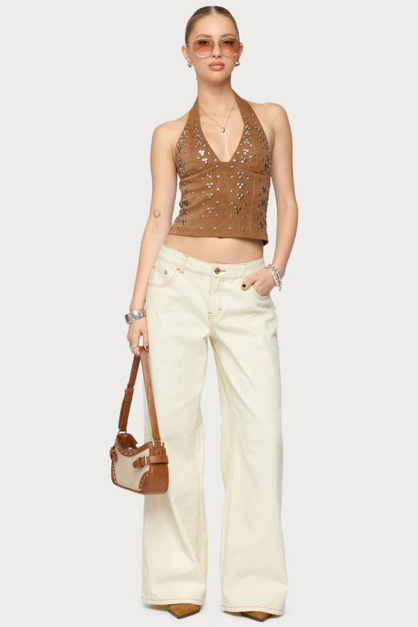 edikted Contrast Stitch Low Rise Wide Leg Jeans cream