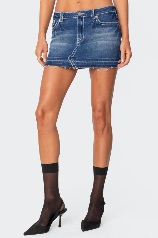 Edikted Contrast Stitch Washed Denim Mini Skirt Dark Blue