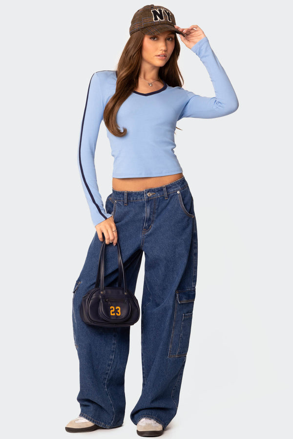 Edikted Contrast V Neck Long Sleeve T Shirt Light Blue