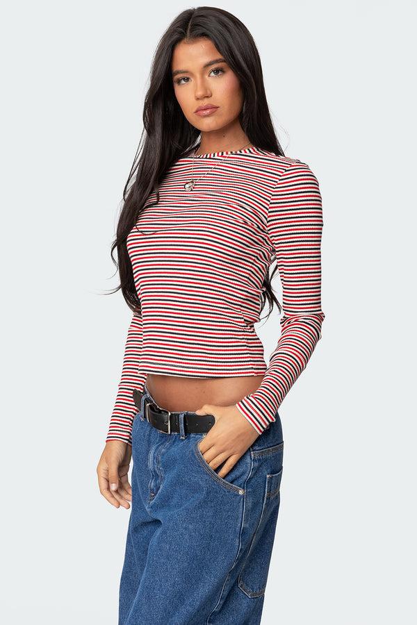 Edikted Corina Ribbed Stripey Long Sleeve T Shirt Mix