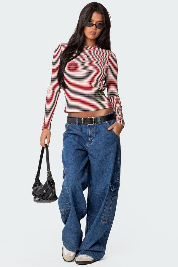 Edikted Corina Ribbed Stripey Long Sleeve T Shirt Mix