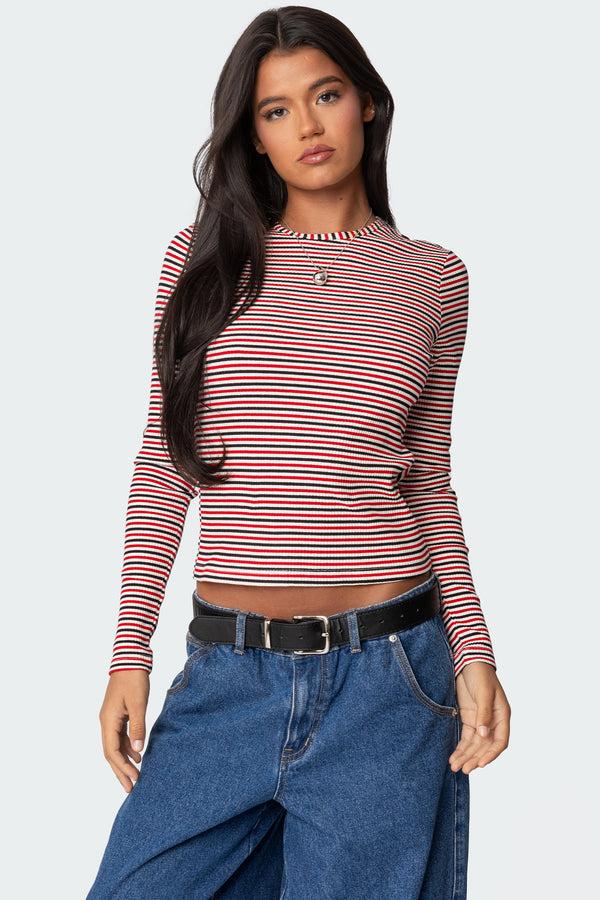 edikted Corina Ribbed Stripey Long Sleeve T Shirt mix