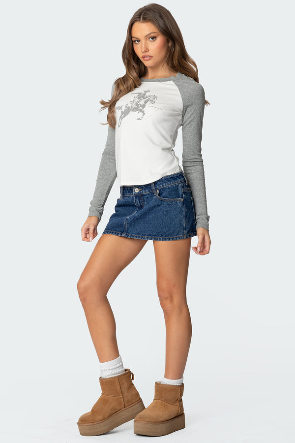Edikted Cowboy Raglan Long Sleeve T Shirt Gray And White