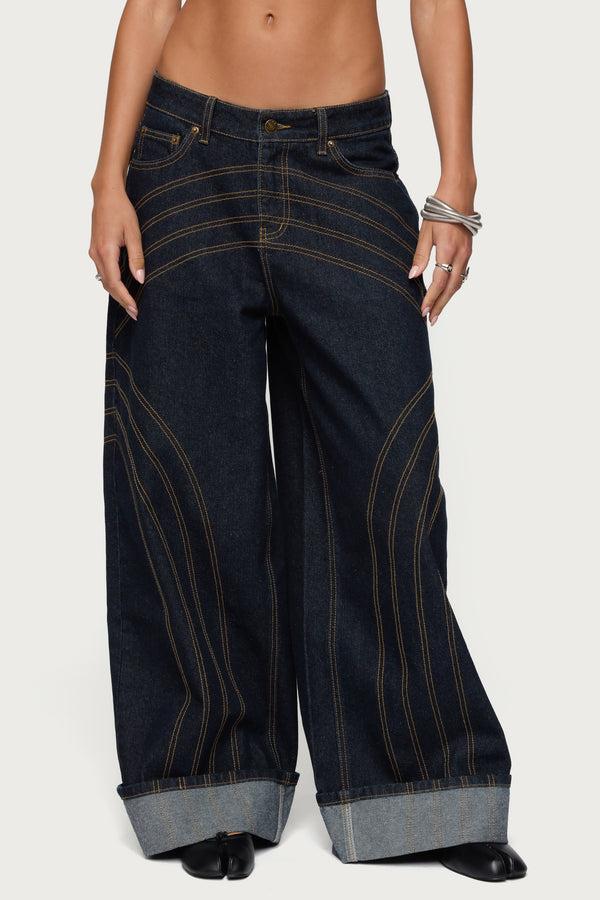 Edikted Cuffed Low Rise Wide Leg Jeans Indigo Blue Raw Washed