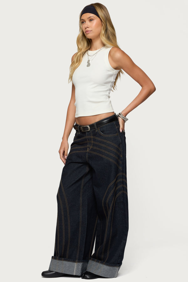 Edikted Cuffed Low Rise Wide Leg Jeans Indigo Blue Raw Washed