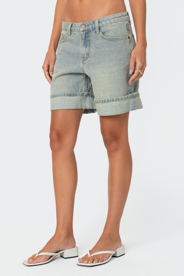Edikted Cuffed Washed Denim Bermuda Shorts Light Blue