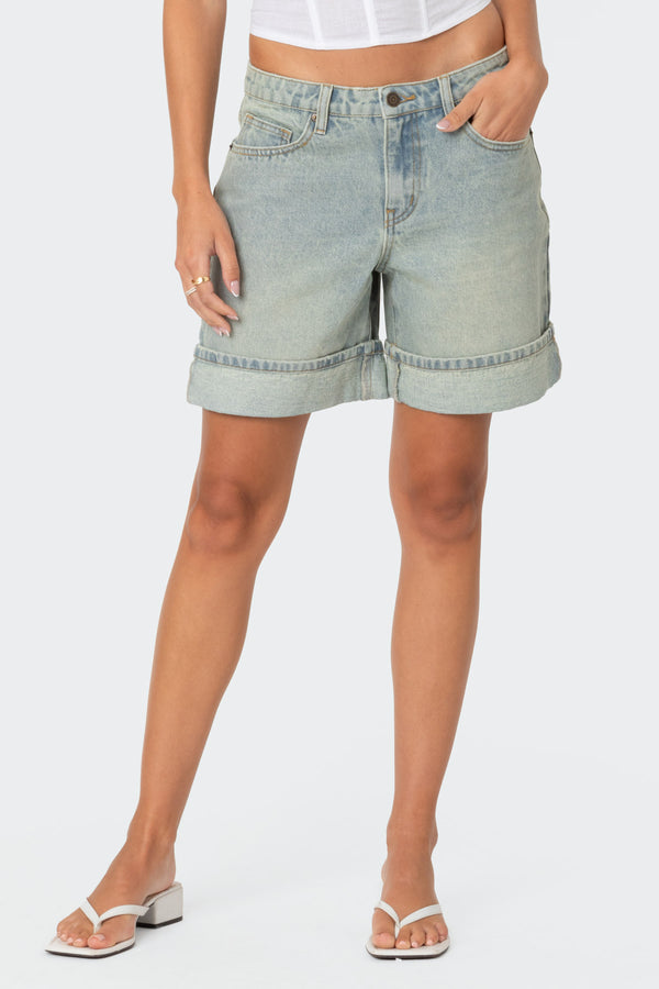 Edikted Cuffed Washed Denim Bermuda Shorts Light Blue