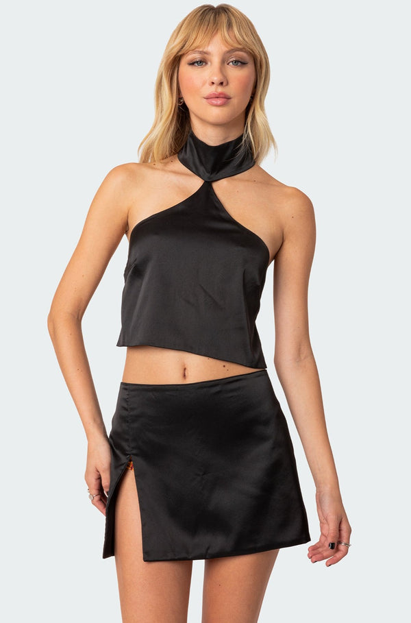 edikted Daina Satin Effect Open-Back Crop Top black