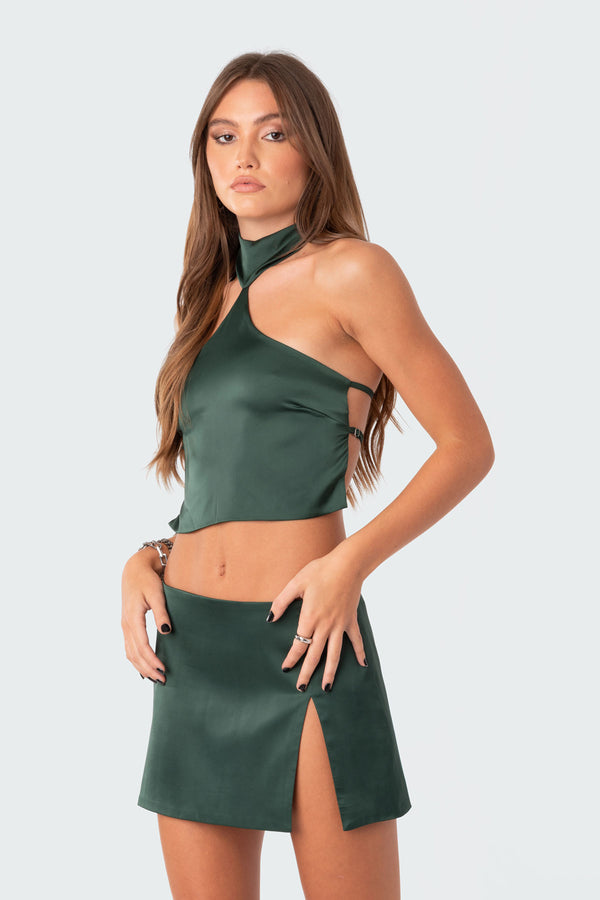 Edikted Daina Satin Effect Open-Back Crop Top Olive