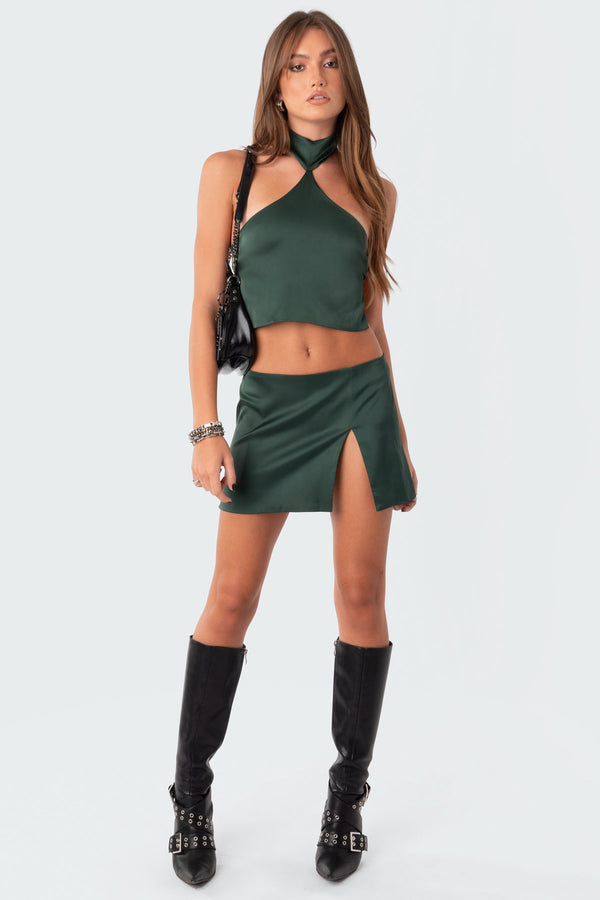 Edikted Daina Satin Effect Open-Back Crop Top Olive