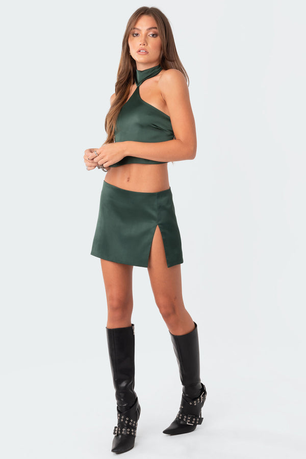 Edikted Daina Satin Effect Open-Back Crop Top Olive
