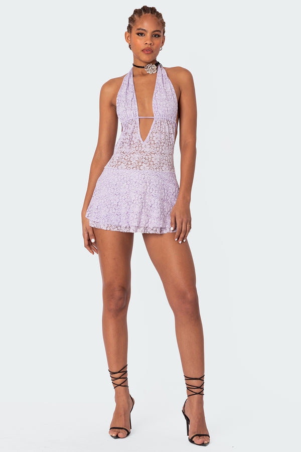 Edikted Danny Open Back Sheer Lace Mini Dress Purple