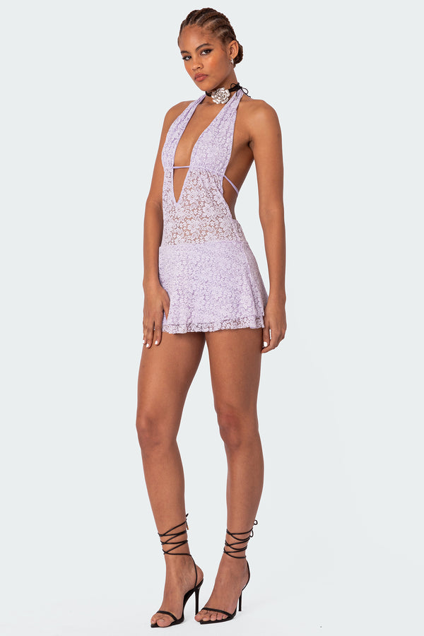Edikted Danny Open Back Sheer Lace Mini Dress Purple