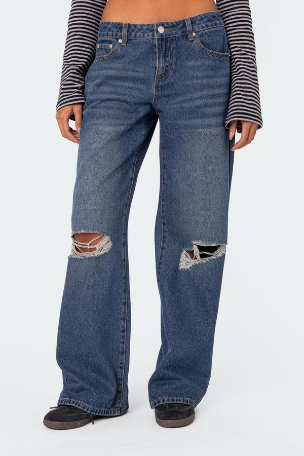 Edikted Debbie Distressed Low Rise Jeans Indigo Blue Raw Washed