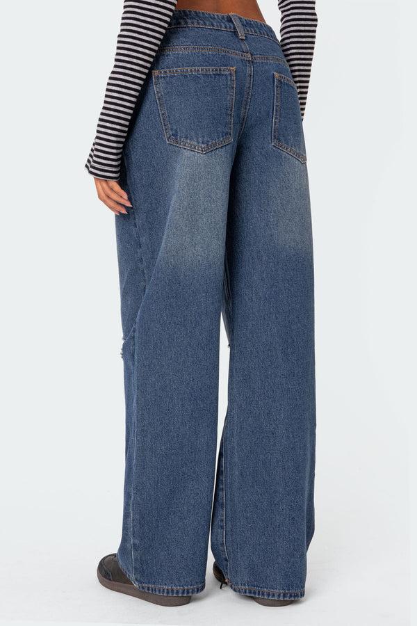 Edikted Debbie Distressed Low Rise Jeans Indigo Blue Raw Washed