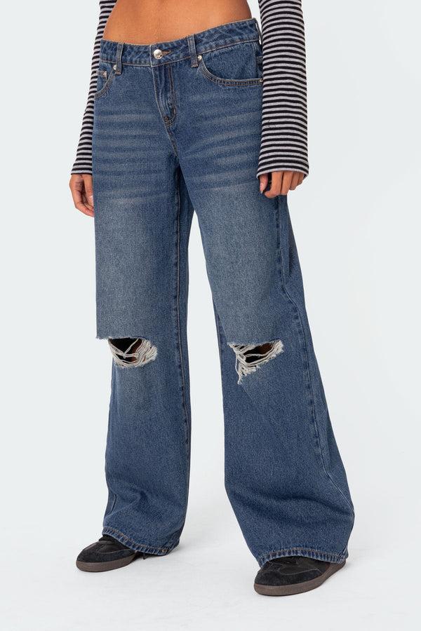 Edikted Debbie Distressed Low Rise Jeans Indigo Blue Raw Washed