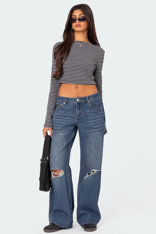 edikted Debbie Distressed Low Rise Jeans indigo blue raw washed